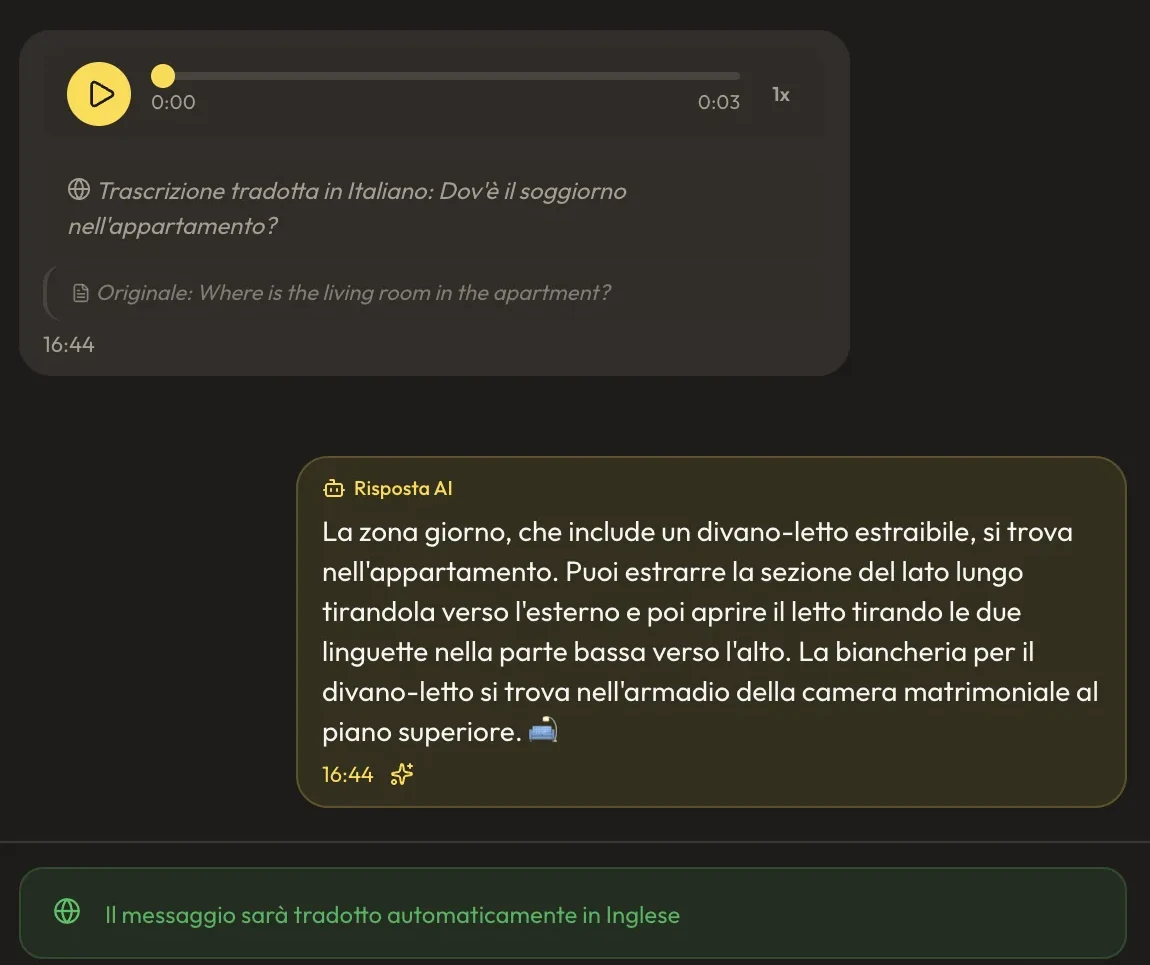 La console di FIRM: un vocale in inglese trascritto e tradotto, la risposta AI e la traduzione automatica in inglese