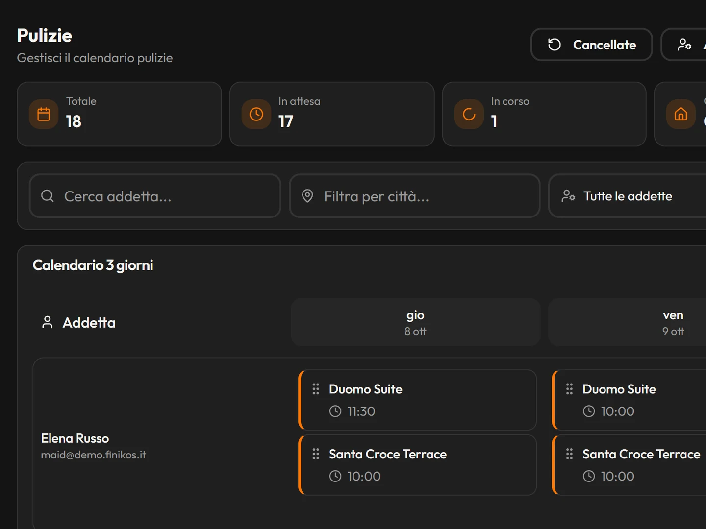 Finikos, Pulizie: il calendario di ogni addetta, appartamento per appartamento, con gli orari