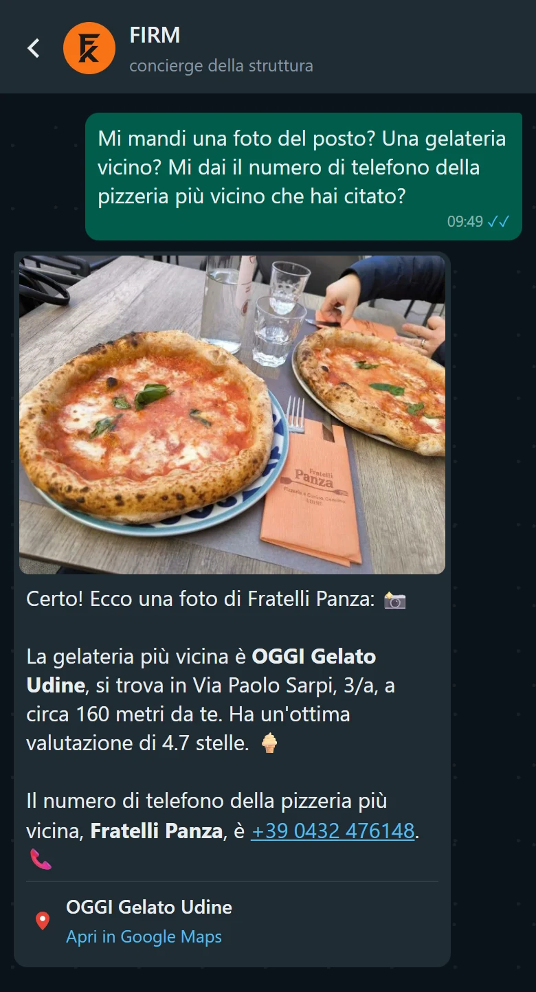 FIRM manda all’ospite la foto della pizzeria Fratelli Panza, la gelateria più vicina e il numero del locale