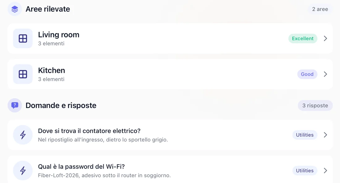 Space Context: le aree rilevate e le domande sulla casa, dal contatore elettrico alla password del Wi-Fi, con la risposta